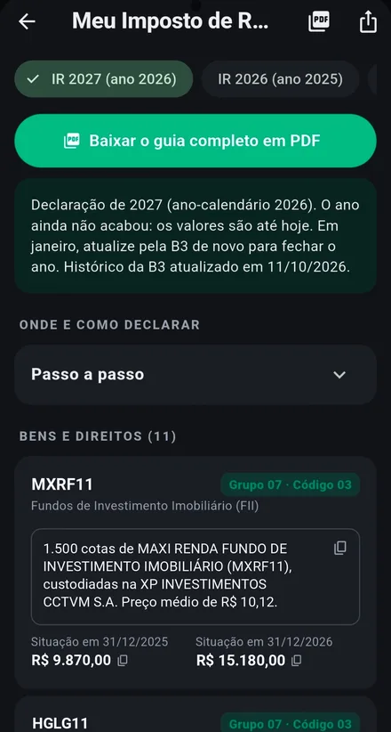 Tela Meu Imposto de Renda do app, com Bens e Direitos e o botão do guia em PDF